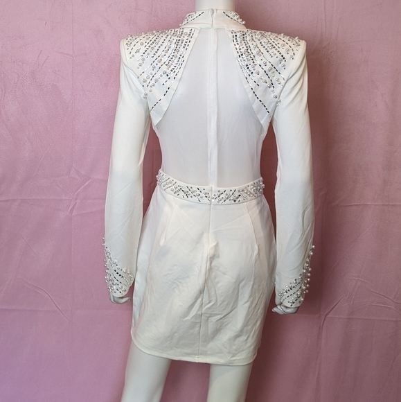 Banjul White Long Sleeve Mesh Insert Pearl Embellished Mini Dress Shoulder Large - Picture 5 of 10